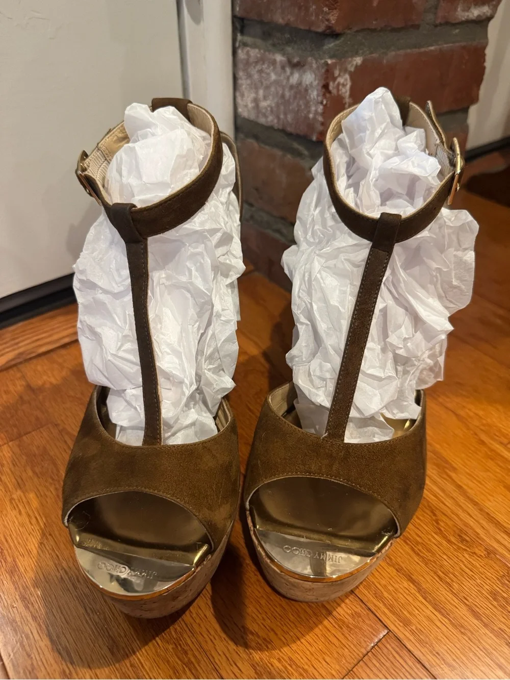 Jimmy Choo Brown Suede T-Strap Platform Sandals with Gold Accents